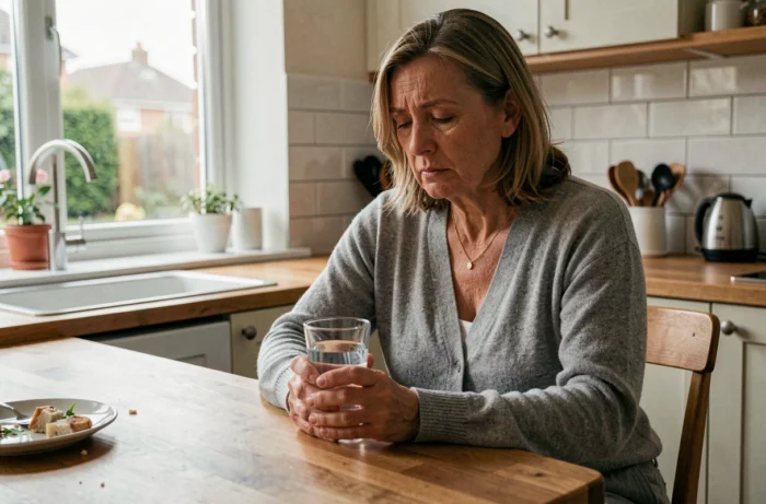 Femme fatiguée tenant un verre d'eau à la cuisine, symptôme possible de diabète comme la soif excessive