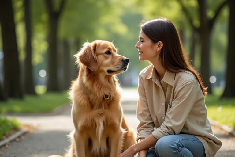 Femme et golden retriever dans un parc urbain, illustration de la complicité entre humain et chien