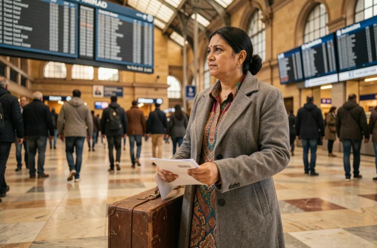 Femme immigrée d'origine sud-asiatique dans une gare européenne tenant une valise et des documents, illustrant le concept d'immigration