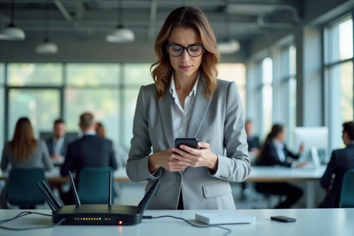 Femme en blazer inspectant un routeur pour résoudre un problème de connexion réseau au bureau
