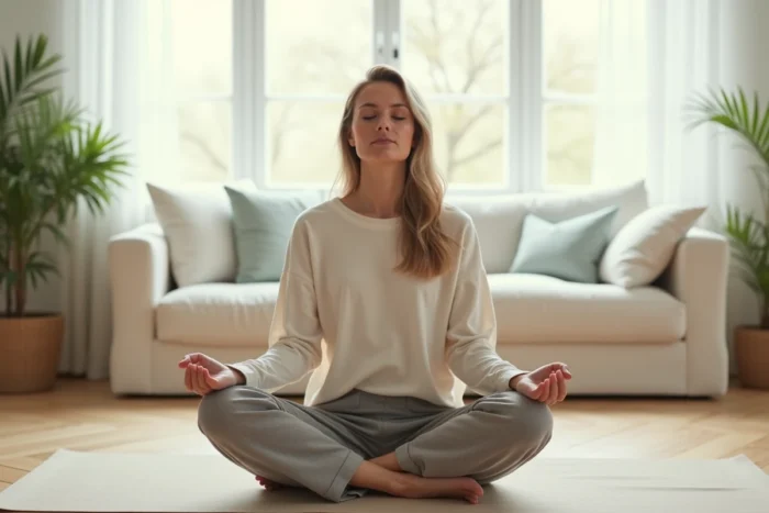 Femme en position de méditation assise sur un tapis de yoga dans un salon minimaliste, pratiquant la relaxation