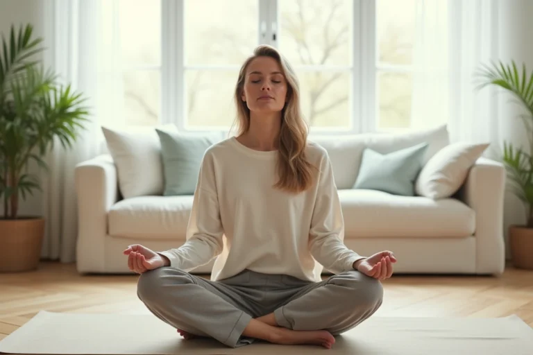 Femme en position de méditation assise sur un tapis de yoga dans un salon minimaliste, pratiquant la relaxation