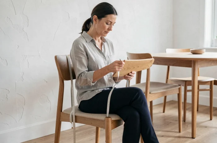 Femme mesurant les dimensions d'une chaise en bois dans un salon scandinave moderne