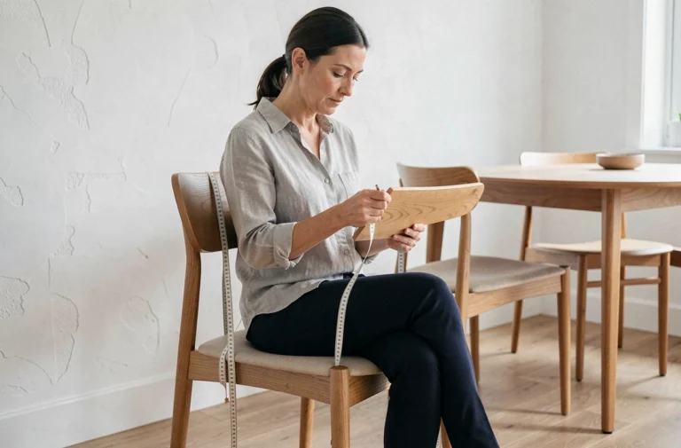 Femme mesurant les dimensions d'une chaise en bois dans un salon scandinave moderne