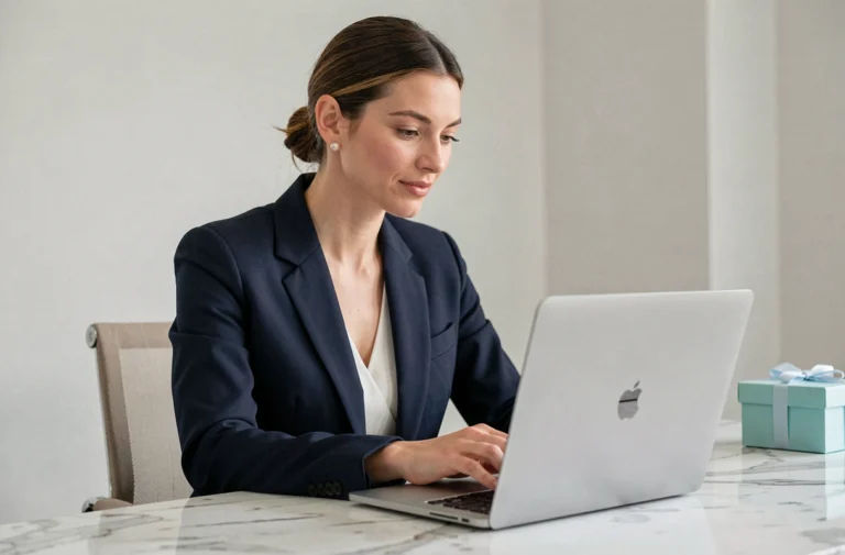 Femme élégante naviguant sur le site Tiffany and Co depuis son bureau en marbre