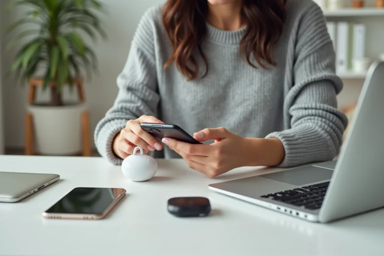 Femme organisant ses appareils connectés sur un bureau minimaliste à domicile, conseils high-tech quotidien