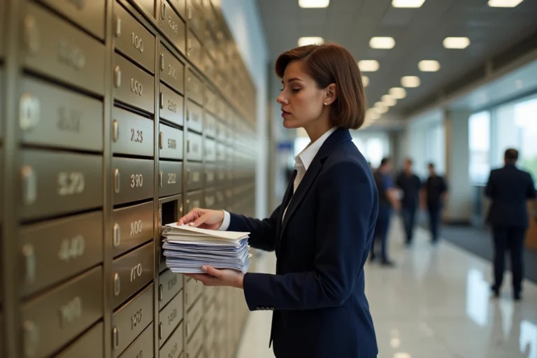 Femme ouvrant une boîte postale numérotée dans un bureau de poste moderne pour récupérer son courrier