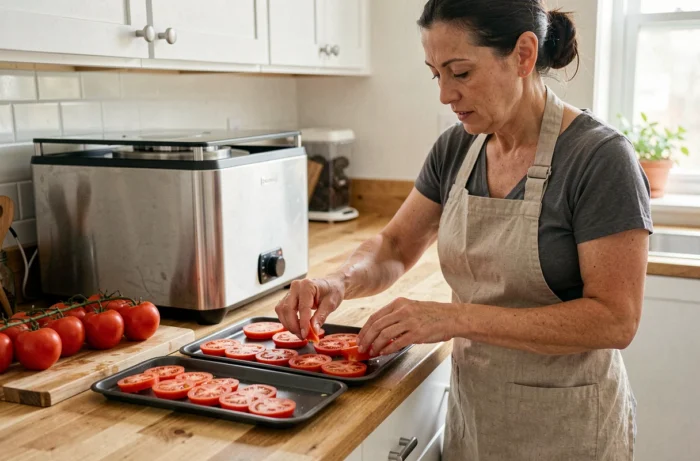 Femme préparant des tranches de tomates sur les plateaux d'un déshydrateur alimentaire dans une cuisine maison
