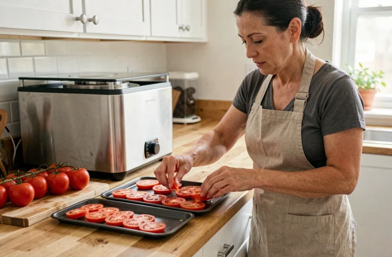 Femme préparant des tranches de tomates sur les plateaux d'un déshydrateur alimentaire dans une cuisine maison