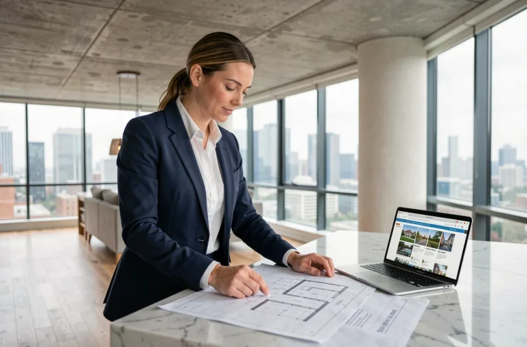Femme consultant des plans architecturaux dans un appartement rénové pour un projet immobilier en 2024