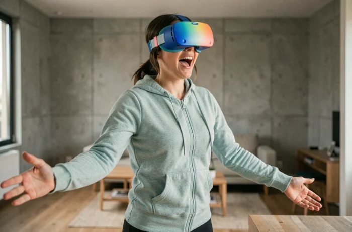 Femme testant un casque de réalité virtuelle dans un salon moderne, expression d'émerveillement, loisir innovant en réalité virtuelle