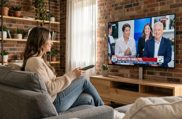 Femme regardant une émission TV en direct sur une smart TV dans un salon moderne et cosy