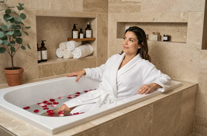 Femme se relaxant dans une grande baignoire encastrée à pétales de rose dans une salle de bain en pierre beige