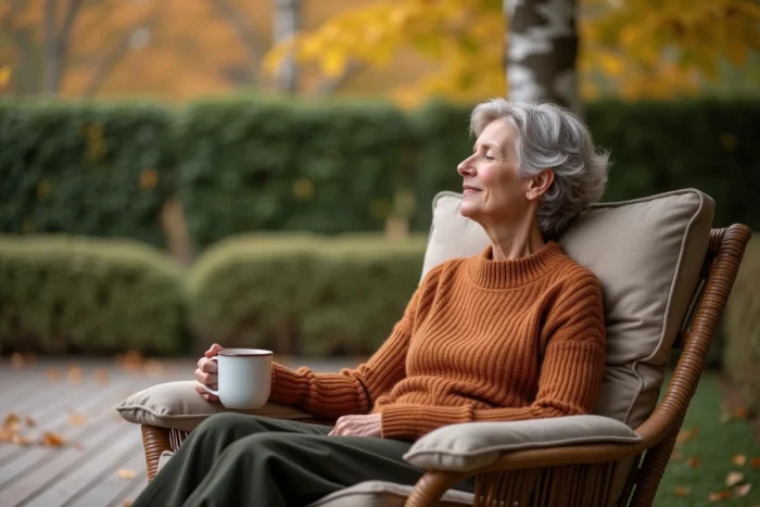 Femme âgée se relaxant dans un fauteuil confortable en plein air dans un jardin d'automne avec une tasse de tisane