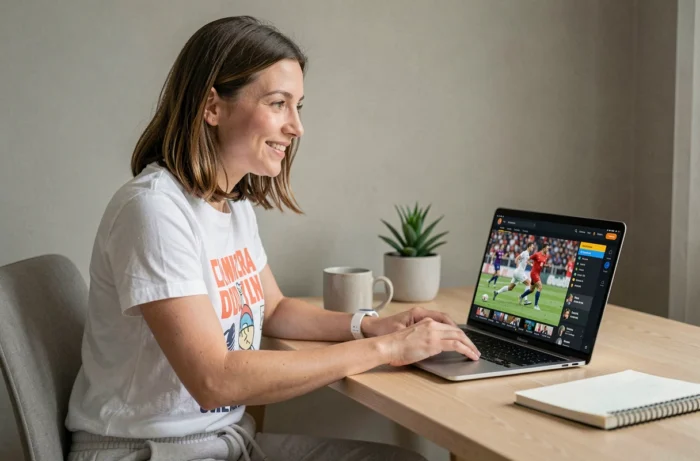 Femme naviguant sur un site de streaming sportif depuis son ordinateur portable dans un bureau à domicile