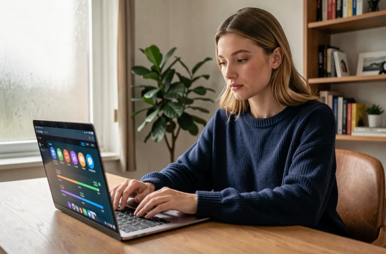 Jeune femme parcourant des tendances de téléchargement en ligne sur son ordinateur portable dans un bureau à domicile moderne