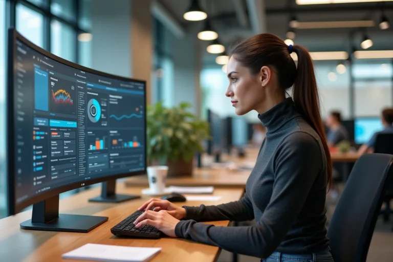 Femme professionnelle explorant les dernières tendances web sur un grand écran incurvé dans un bureau moderne et minimaliste