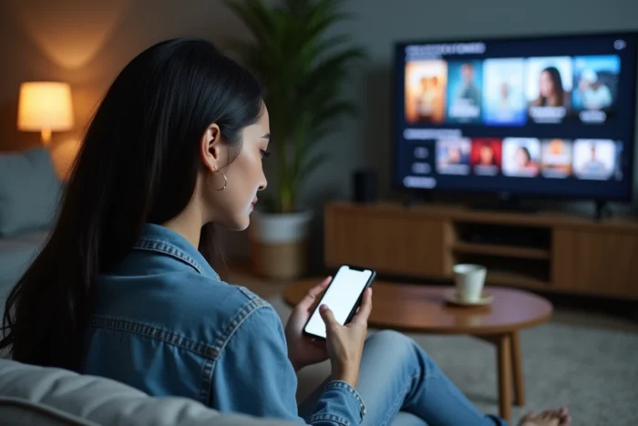 Femme vérifiant l'adresse d'un site de film sur son smartphone depuis son salon