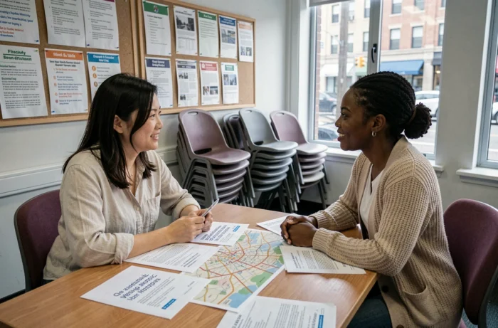 Deux femmes issues de l'immigration échangeant des documents dans un centre communautaire multiculturel, illustrant l'intégration et les démarches administratives des immigrés