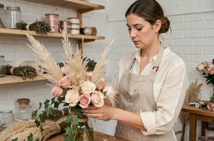 Fleuriste préparant un centre de table personnalisé pour un mariage avec des pivoines, herbes de la pampa et lierre dans un atelier floral artisanal