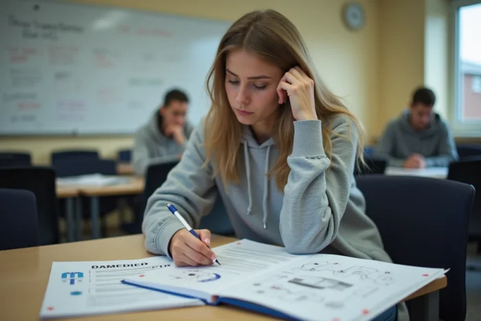 Étudiante en formation conducteur VSL révisant ses cours dans une salle de classe spécialisée