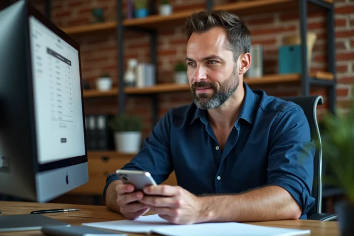 Freelance consultant utilisant un générateur de devis gratuit en ligne depuis son bureau à domicile