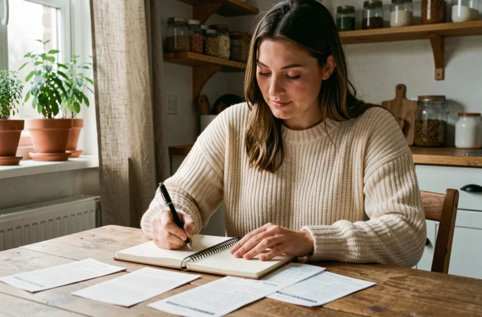 Femme qui gère son budget ménager en notant ses dépenses dans un carnet sur une table en bois