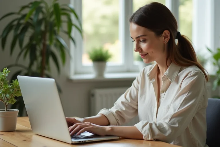 Femme gérant son compte Siblu Connect sur un ordinateur portable depuis son bureau à domicile