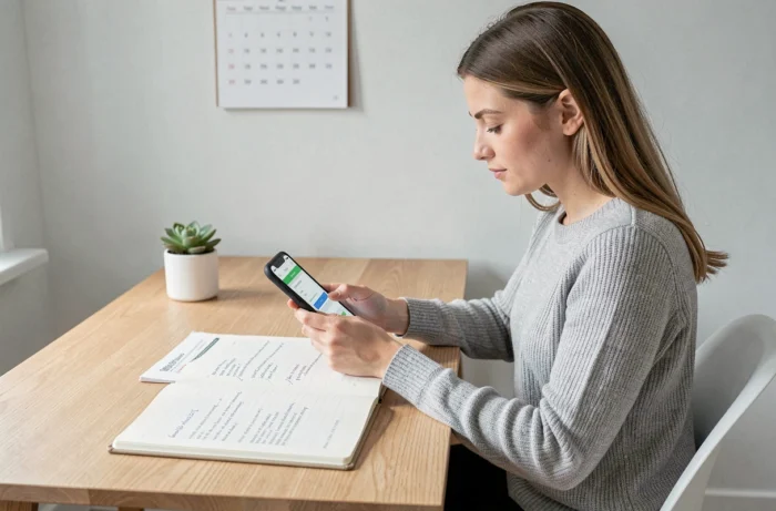 Jeune femme gérant ses finances personnelles avec une application mobile et des documents budgétaires à domicile