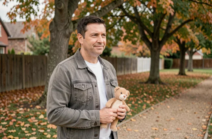 Grégory Patat dans un parc en automne évoquant sa vie de famille et son rôle de père