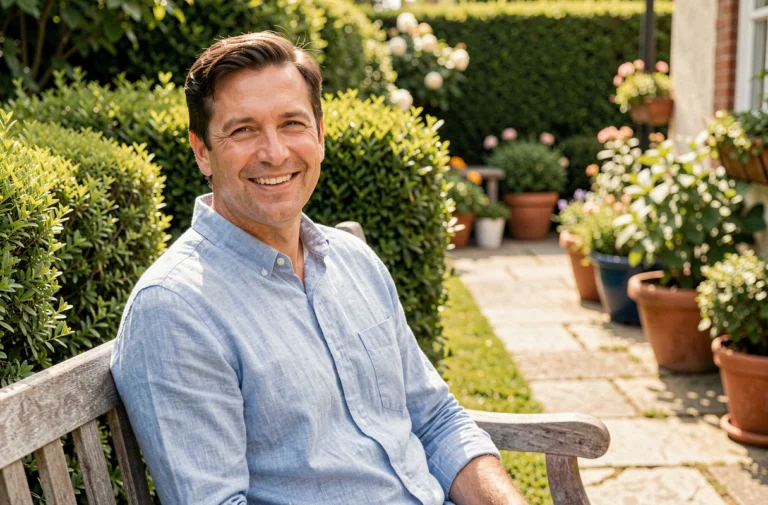 Portrait de Grégory Patat souriant dans son jardin, image illustrant sa vie privée et familiale