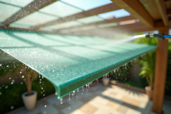 Gros plan sur un toit en polycarbonate rafraîchi par projection d'eau et revêtement réfléchissant en plein été