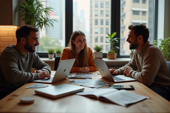 Groupe de trois amis discutant des dernières nouveautés tech autour d'une table avec laptops smartphones et magazines geek