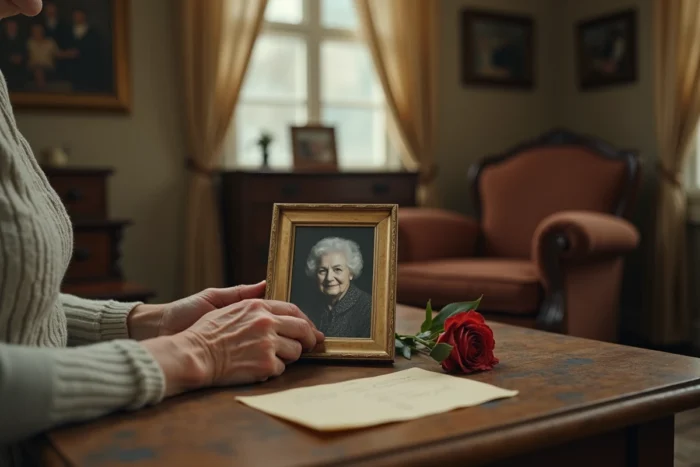 Mains d'une personne âgée tenant une photo encadrée en noir et blanc d'une maman disparue, posée sur une table en bois avec une rose fanée