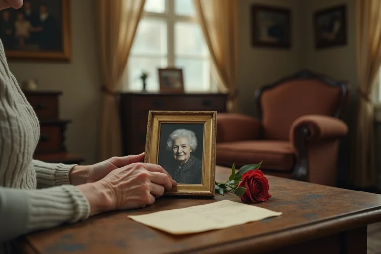 Mains d'une personne âgée tenant une photo encadrée en noir et blanc d'une maman disparue, posée sur une table en bois avec une rose fanée