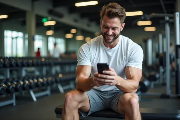 Homme consultant les options d'abonnement sans engagement Basic Fit sur son smartphone dans une salle de musculation