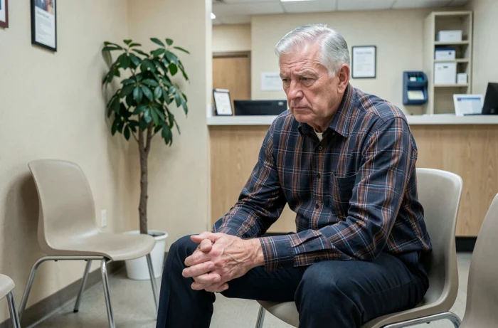 Homme âgé dans une salle d'attente médicale, illustrant la vigilance face aux symptômes du diabète