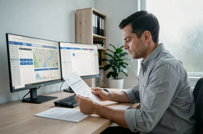 Homme analysant un contrat immobilier et des simulations de prêt dans un bureau à domicile moderne