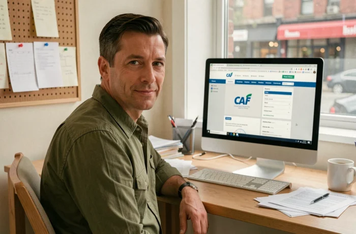 Homme effectuant une simulation d'allocations familiales sur le site de la CAF depuis son bureau à domicile