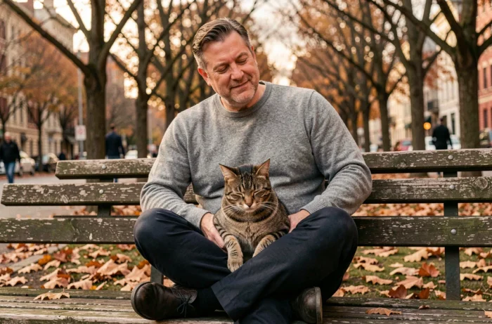 Homme assis dans un parc en automne avec un chat tigré sur les genoux, moment de complicité entre animal et propriétaire