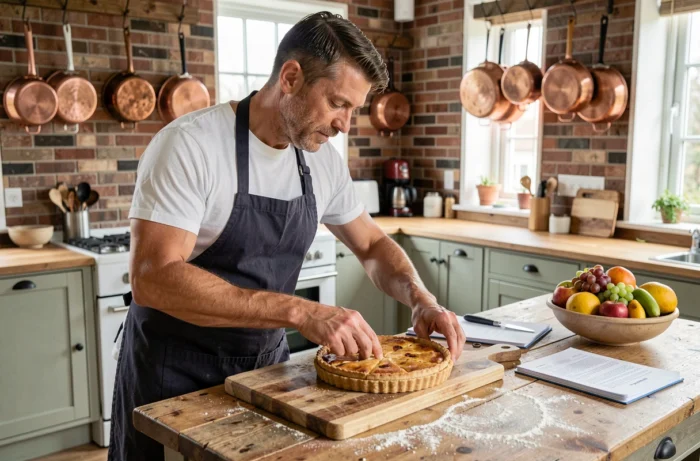 Homme dressant une tarte maison sur une planche en bois dans une cuisine rustique moderne