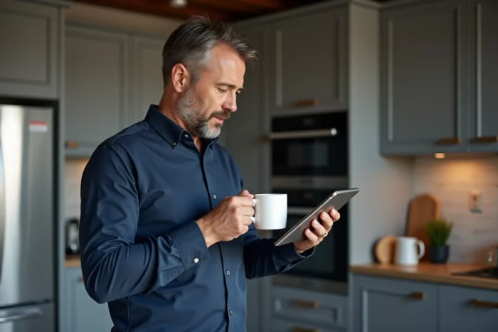 Homme consultant un écran domotique dans une cuisine moderne, astuces maison connectée high-tech