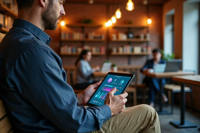 Homme consultant les dernières innovations numériques sur une tablette dans un café coworking urbain et chaleureux