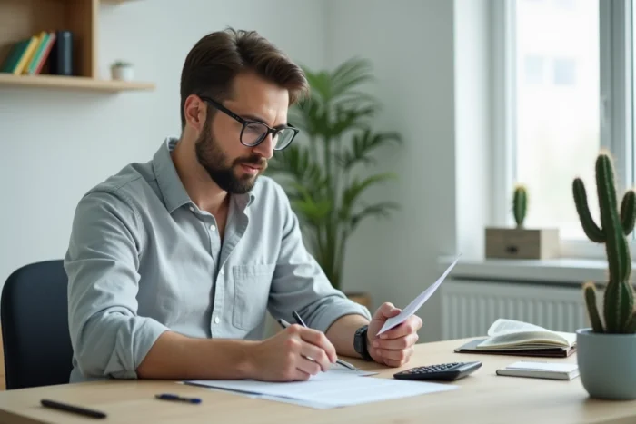Homme concentré relisant un contrat de prêt immobilier à son bureau minimaliste avec notes manuscrites