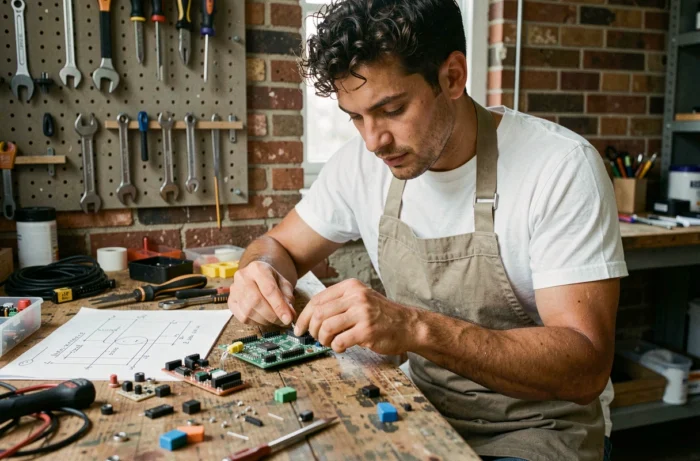 Homme assemblant un circuit électronique dans un makerspace, atelier créatif, loisir technologique et bricolage innovant