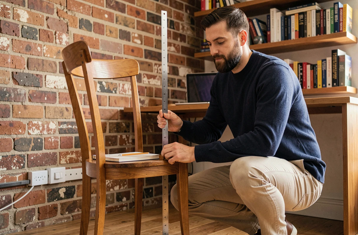 Homme mesurant la hauteur d'une chaise de bureau en bois dans un bureau à domicile