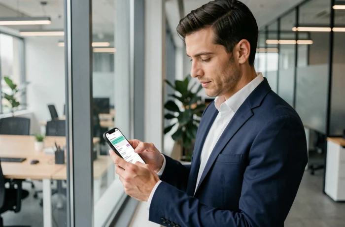 Homme paramétrant les alertes SMS de son compte Crédit Agricole depuis une application mobile en bureau