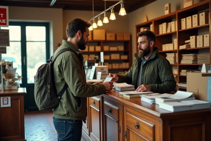 Homme récupérant son courrier en poste restante au guichet d'un bureau de poste traditionnel français