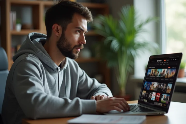 Homme cherchant l'adresse fiable d'un site de streaming sur son ordinateur portable dans un bureau à domicile