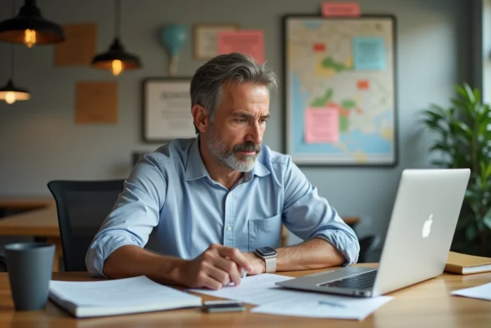 Homme en reconversion professionnelle consultant des offres d'emploi et une carte de ville dans un espace de coworking